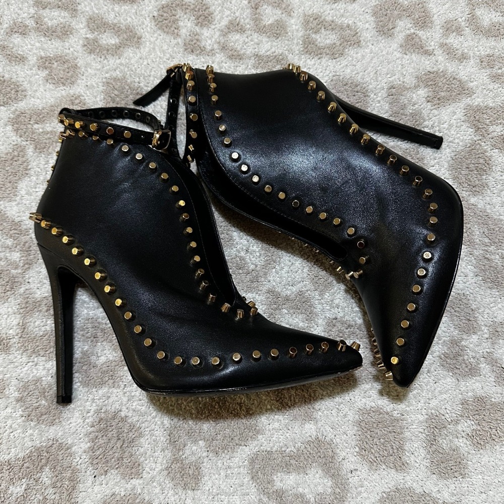 Jennifer Le Ankle‎ Boots Black Leather Gold Studded Stiletto Pointed Toe 39